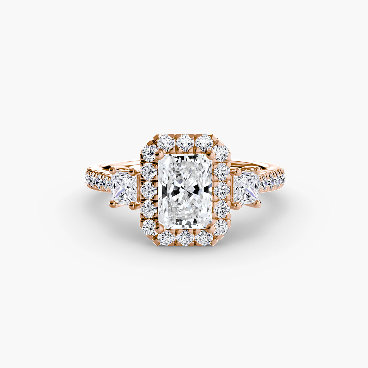 Inès Radiant Three-Stone Halo in rose gold