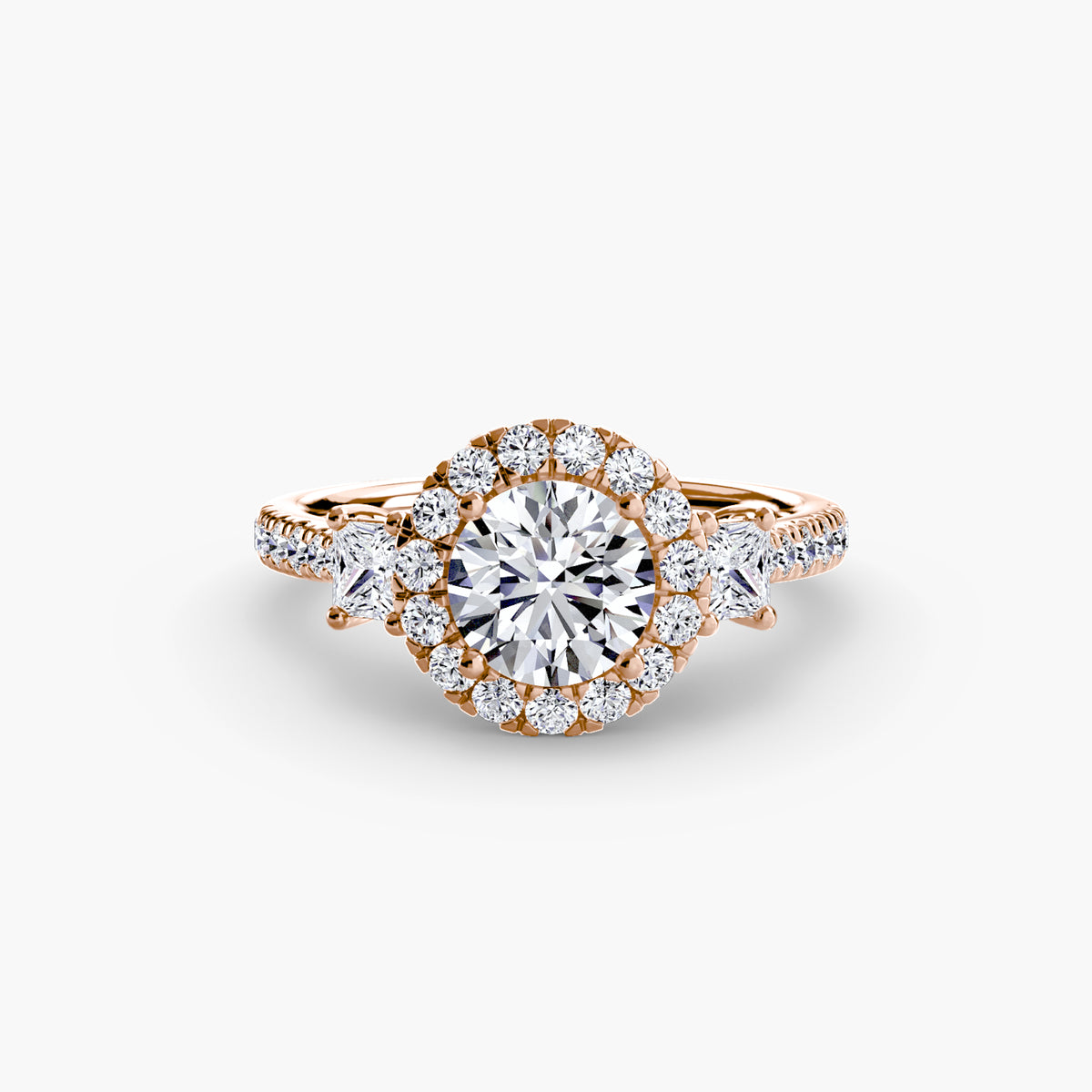 Aveline Round Three-Stone Halo in rose gold