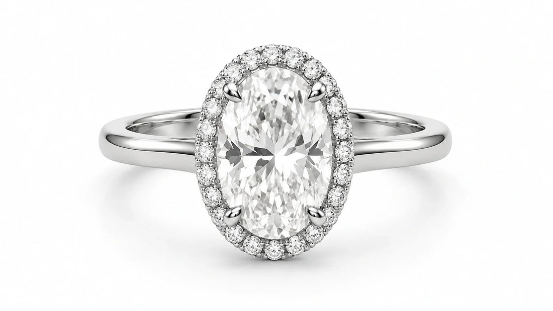 Oval halo engagement ring with a certified lab-grown diamond