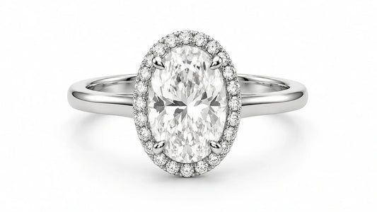 Oval halo engagement ring with a certified lab-grown diamond