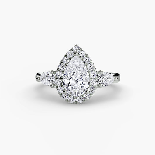 Isolde Pear Three-Stone Halo in white gold