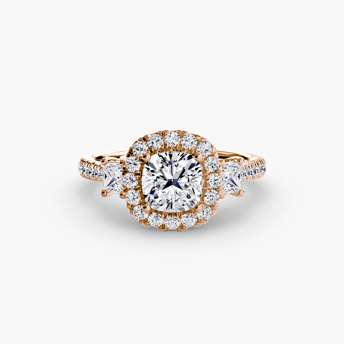 Lucie Cushion Three-Stone Halo in rose gold