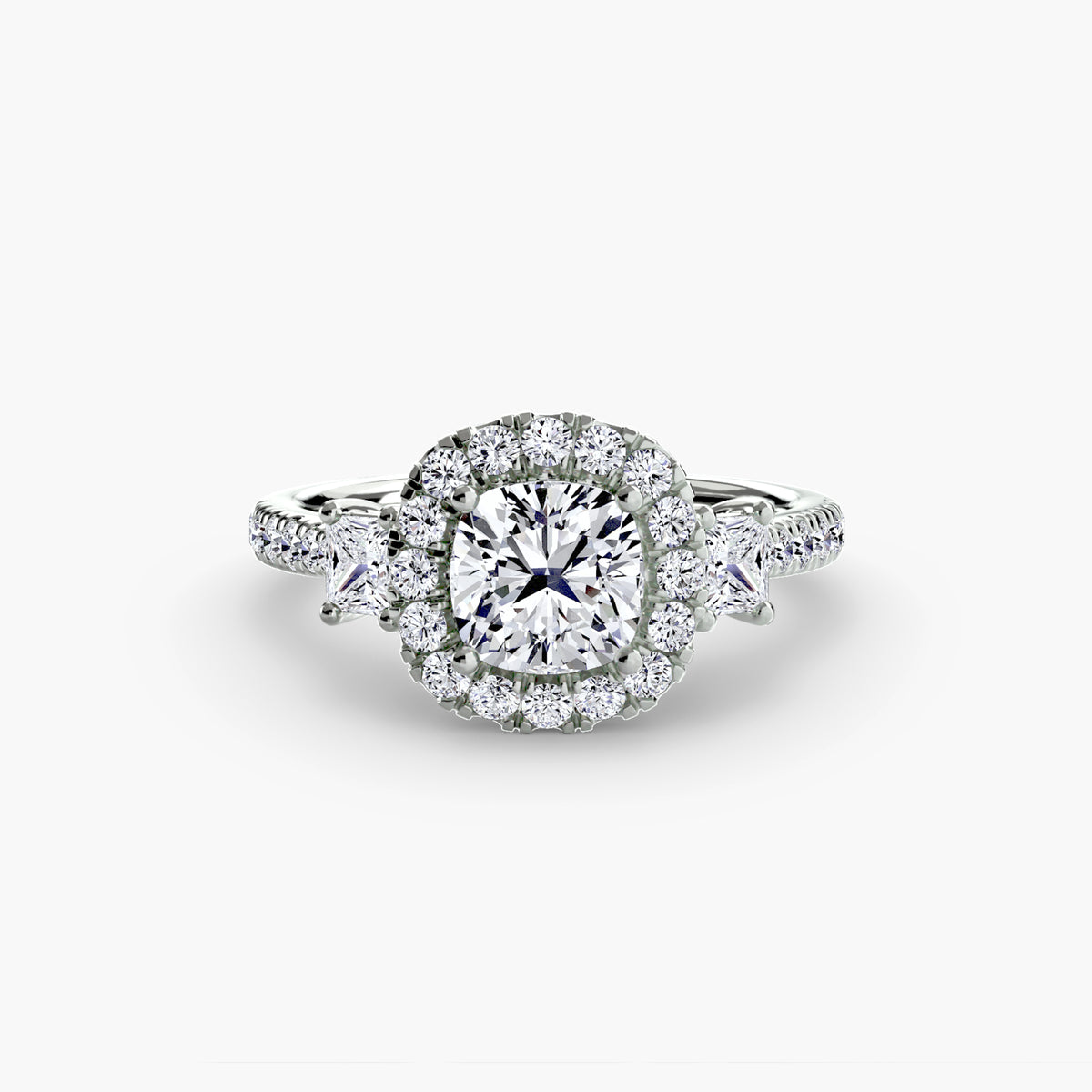 Lucie Cushion Three-Stone Halo in white gold