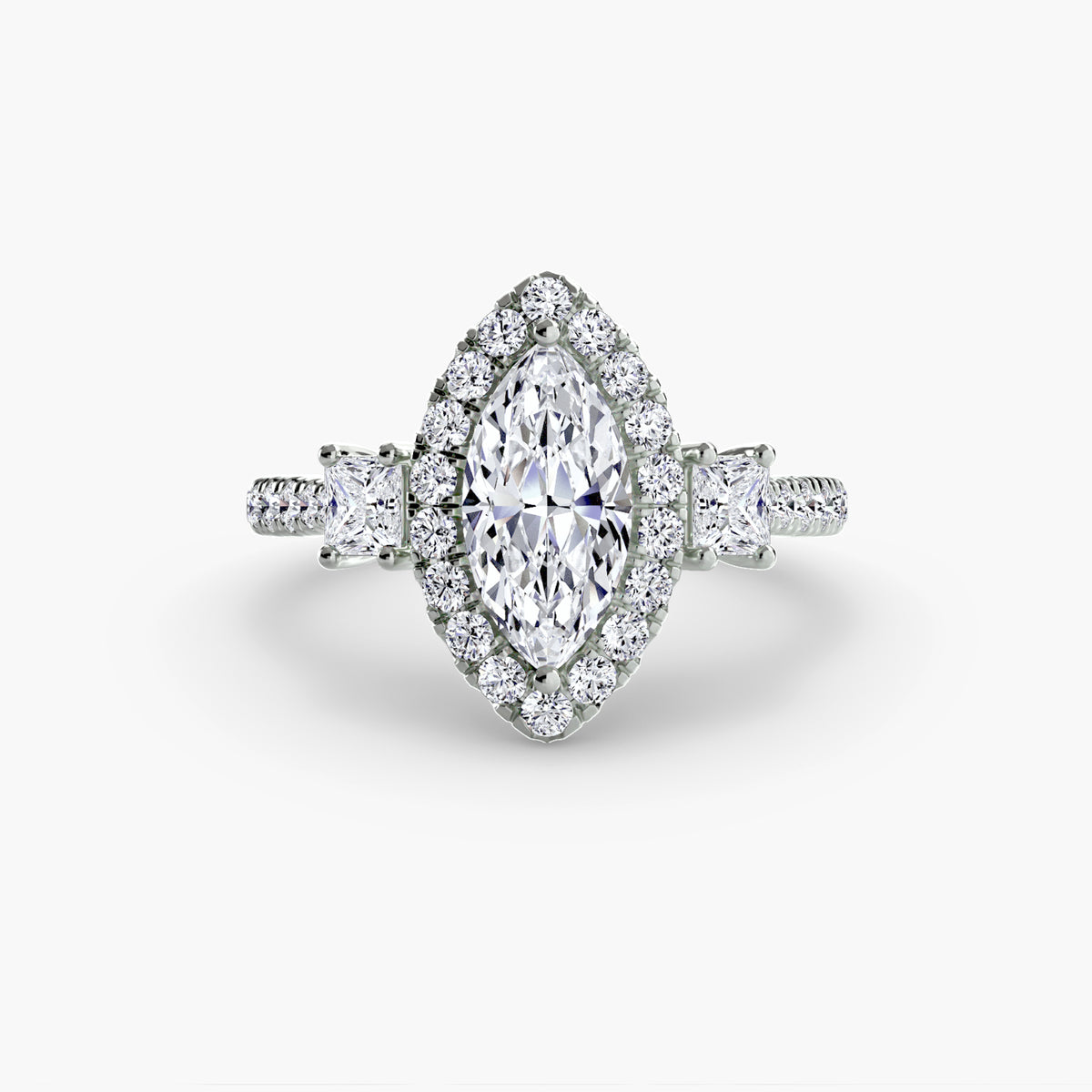 Vivienne Marquise Three-Stone Halo in white gold