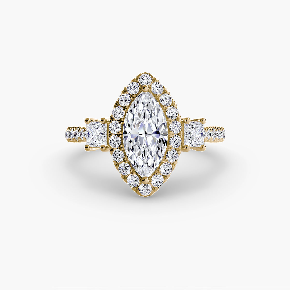 Vivienne Marquise Three-Stone Halo in yellow gold