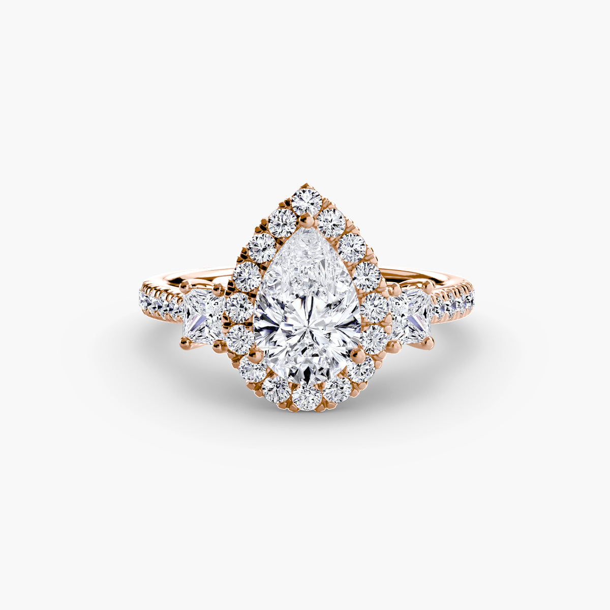 Cecily Pear Three-Stone Halo in rose gold