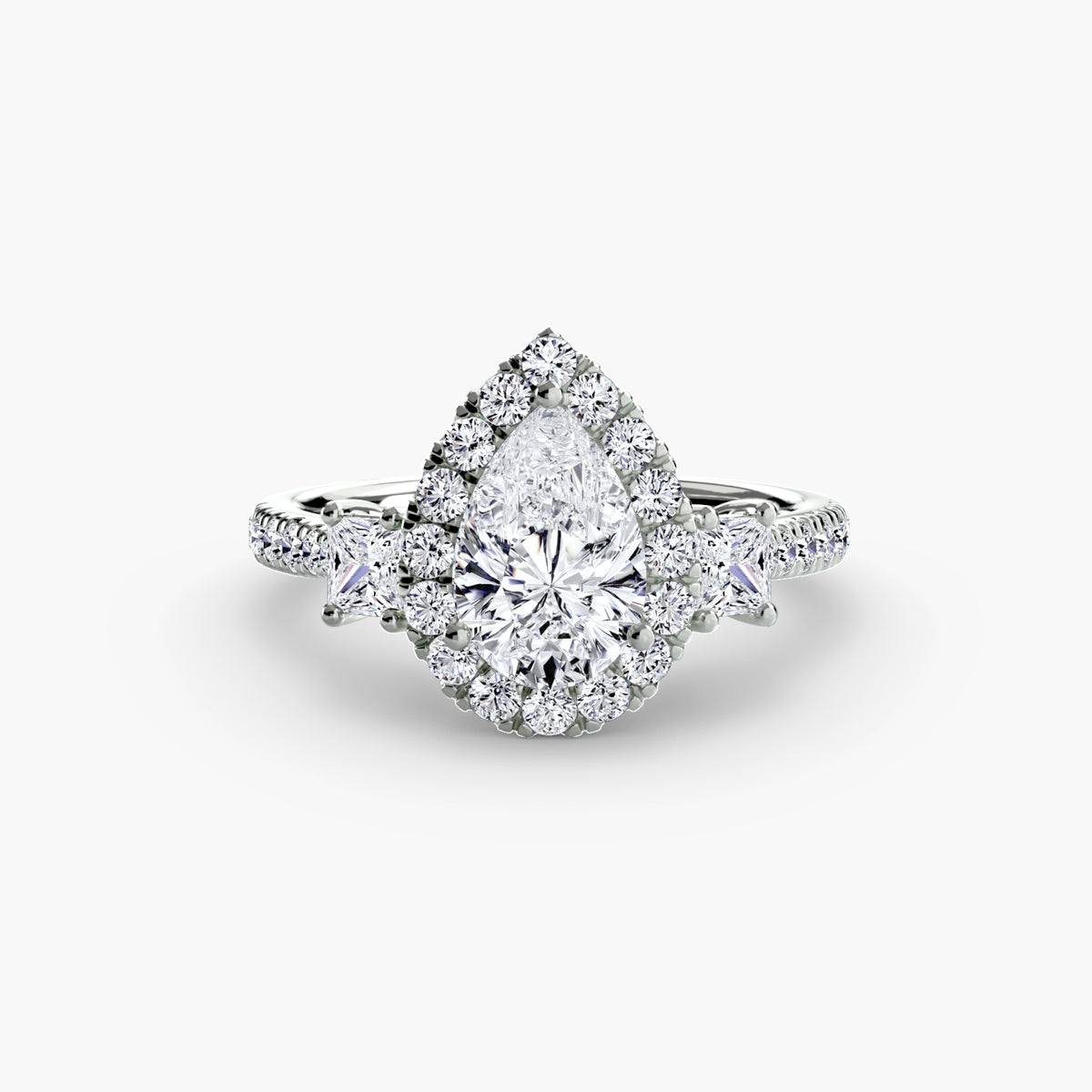 Cecily Pear Three-Stone Halo in white gold