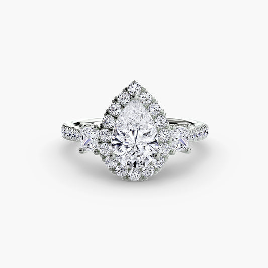Cecily Pear Three-Stone Halo in white gold