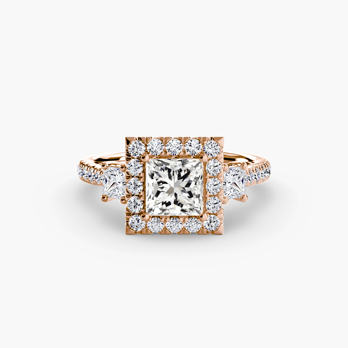 Rosalind Princess Three-Stone Halo in rose gold
