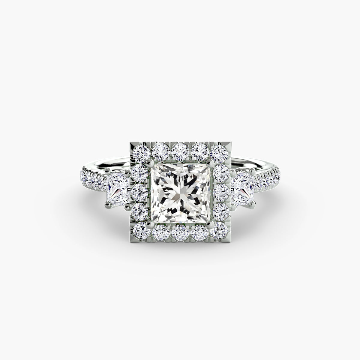 Rosalind Princess Three-Stone Halo in white gold