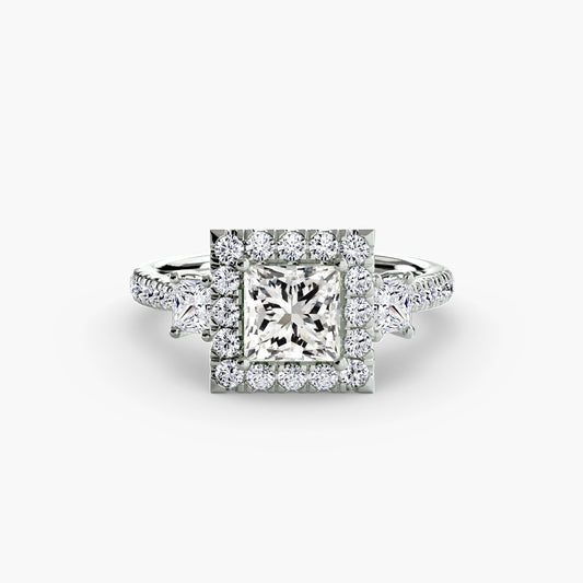 Rosalind Princess Three-Stone Halo in white gold