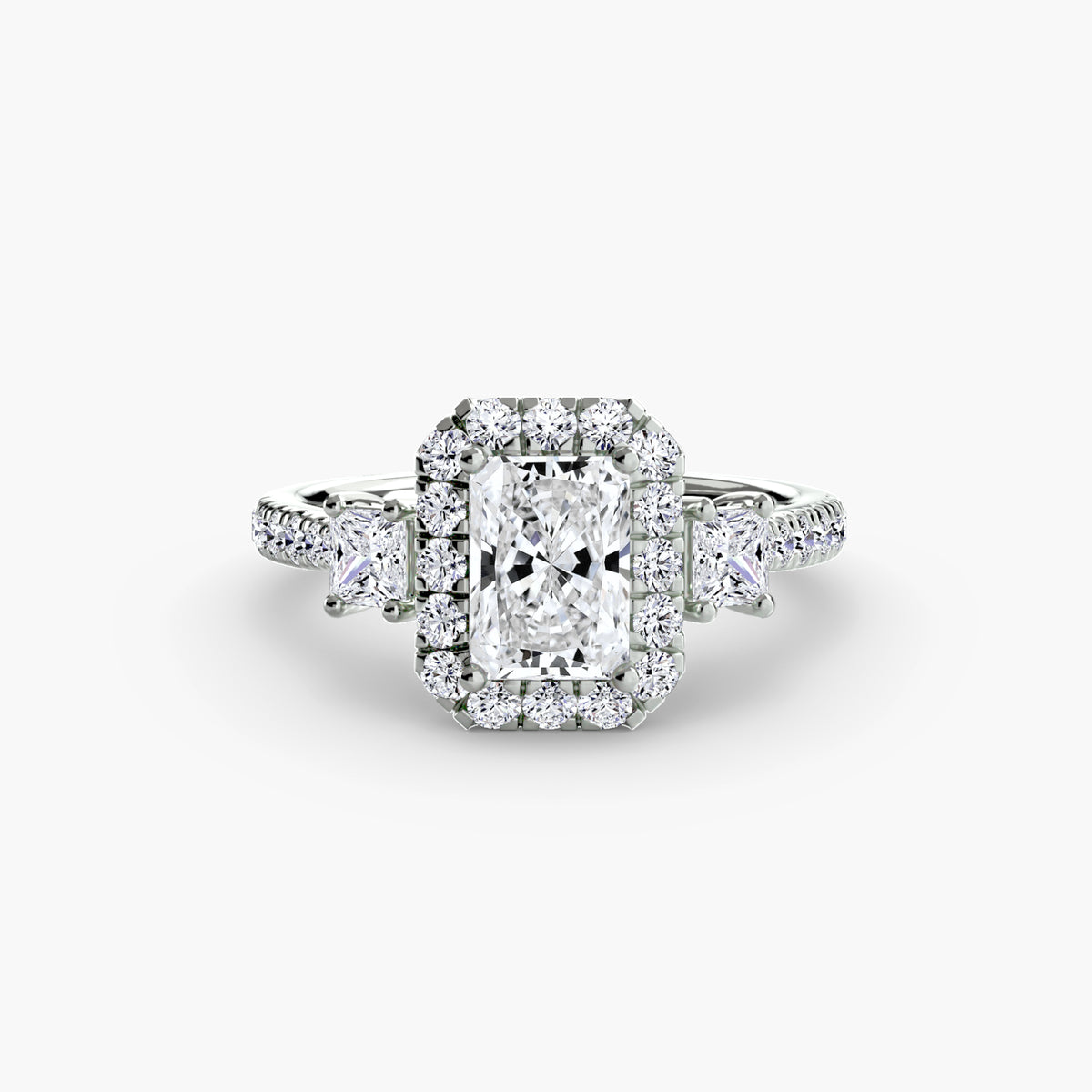 Inès Radiant Three-Stone Halo in white gold