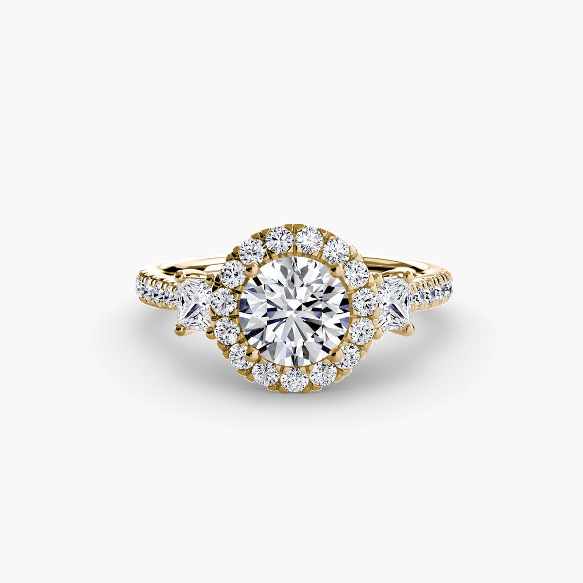 Aveline Round Three-Stone Halo in yellow gold