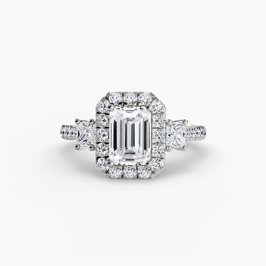 Guinevere Emerald Three-Stone Halo in white gold